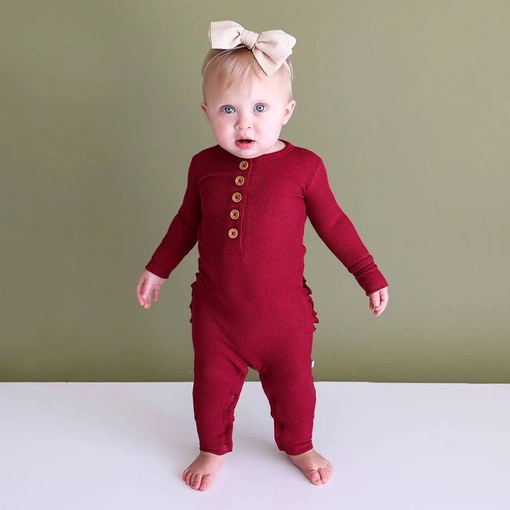 Posh Peanut Crimson Red Waffle Knit Henley Romper w/ Wooden Buttons Girl 18-24